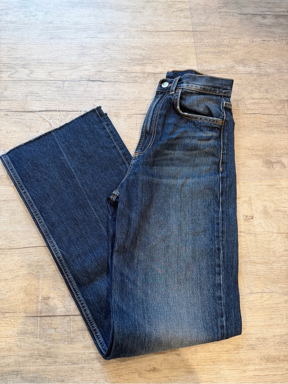 Zara Dark Wash Straight-Leg Raw Hem Jeans